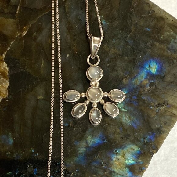 Sterling Silver 925 Geometric Cats Eye Glass Multi Stone Pendant Necklace 18" - Picture 1 of 16